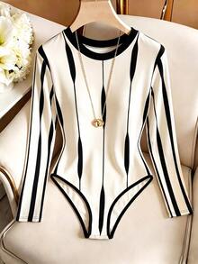 Franclia Women's Bodysuit Slim Fit Long Sleeve Round Neck Color Block Casual Chic Y2K Black White Geometric Stripe Bodysuits For Women White Top - Black and White - View 4