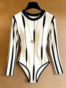 Franclia Women's Bodysuit Slim Fit Long Sleeve Round Neck Color Block Casual Chic Y2K Black White Geometric Stripe Bodysuits For Women White Top - Black and White - View 3