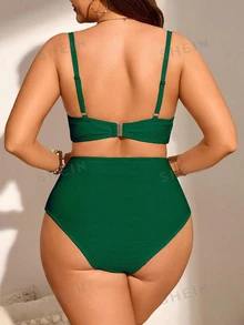 SHEIN Swim Curve 大码女式两件套纯色褶皱吊带背心式泳衣套装，时尚简约，适合度假 - 綠色 - 查看 3
