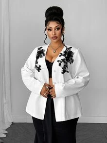 Maweii Jaket Wanita Ukuran Besar Lengan Panjang Berenda dengan Hiasan Aplikasi, Kancing Tunggal, Cocok untuk Kantor, Pernikahan, Tamu, Musim Gugur, Elegan - Putih - View 3
