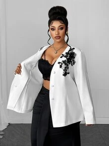 Maweii Jaket Wanita Ukuran Besar Lengan Panjang Berenda dengan Hiasan Aplikasi, Kancing Tunggal, Cocok untuk Kantor, Pernikahan, Tamu, Musim Gugur, Elegan - Putih - View 7