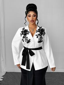 Maweii Jaket Wanita Ukuran Besar Lengan Panjang Berenda dengan Hiasan Aplikasi, Kancing Tunggal, Cocok untuk Kantor, Pernikahan, Tamu, Musim Gugur, Elegan - Putih - View 4