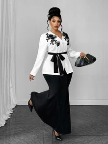 Maweii Jaket Wanita Ukuran Besar Lengan Panjang Berenda dengan Hiasan Aplikasi, Kancing Tunggal, Cocok untuk Kantor, Pernikahan, Tamu, Musim Gugur, Elegan - Putih - View 6