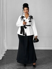 Maweii Jaket Wanita Ukuran Besar Lengan Panjang Berenda dengan Hiasan Aplikasi, Kancing Tunggal, Cocok untuk Kantor, Pernikahan, Tamu, Musim Gugur, Elegan - Putih - View 5
