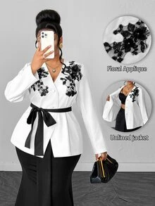 Maweii Jaket Wanita Ukuran Besar Lengan Panjang Berenda dengan Hiasan Aplikasi, Kancing Tunggal, Cocok untuk Kantor, Pernikahan, Tamu, Musim Gugur, Elegan - Putih - View 1