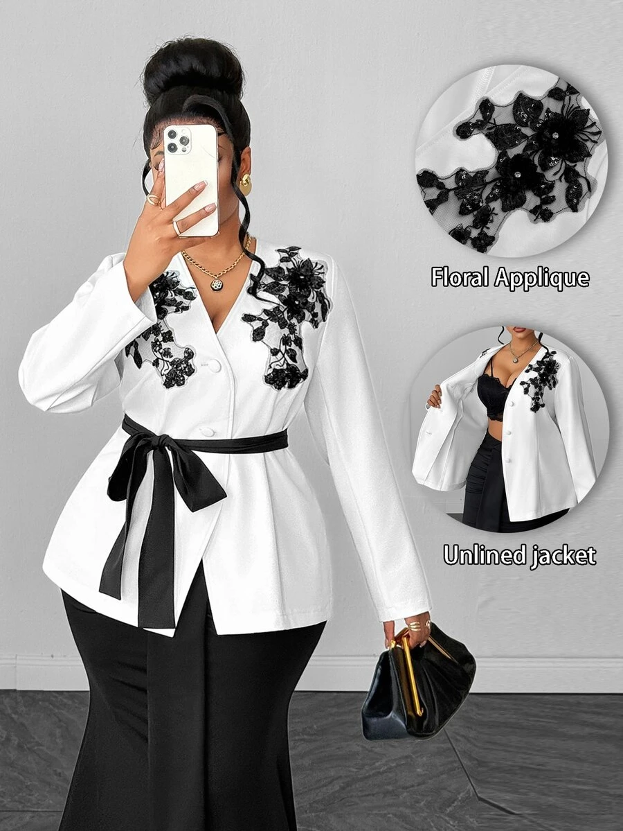Maweii Jaket Wanita Ukuran Besar Lengan Panjang Berenda dengan Hiasan Aplikasi, Kancing Tunggal, Cocok untuk Kantor, Pernikahan, Tamu, Musim Gugur, Elegan - Putih - View 1