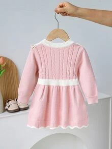 SHEIN 女嬰針織毛衣洋裝，圓領蝴蝶結設計，粉色與白色格紋蕾絲公主風，可愛仙女風家庭套裝，適合生日派對、秋季與聖誕節 - 粉色 - 查看 3