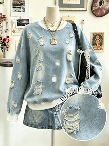 EMERY ROSE Sweatshirt Kasual Wanita Ukuran Besar dengan Tekstur Cuci Retro, Sempurna untuk Pemakaian Sehari-hari dan Serbaguna. Musim Dingin - MultiWarna - View 3