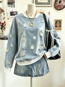 EMERY ROSE Sweatshirt Kasual Wanita Ukuran Besar dengan Tekstur Cuci Retro, Sempurna untuk Pemakaian Sehari-hari dan Serbaguna. Musim Dingin - MultiWarna - View 4