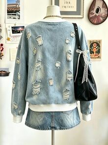 EMERY ROSE Sweatshirt Kasual Wanita Ukuran Besar dengan Tekstur Cuci Retro, Sempurna untuk Pemakaian Sehari-hari dan Serbaguna. Musim Dingin - MultiWarna - View 2