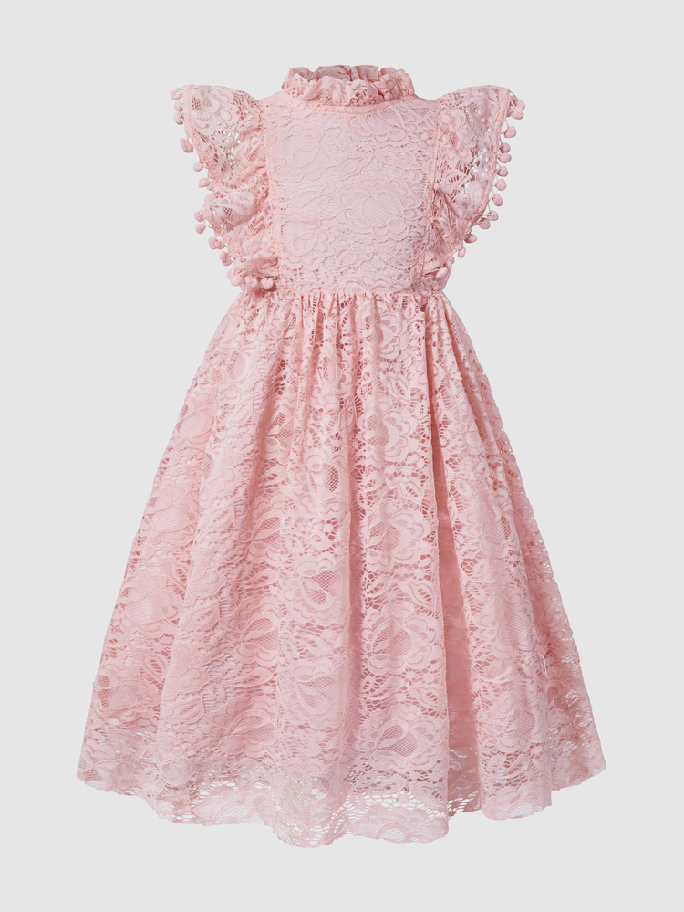Elladie kids Summer Girls White Lace Jacquard Fabric Birthday Dress With Pom Pom Decoration Elegant And Comfortable Suitable For Daily Wear Gatherings And Parties - Pink - View 4