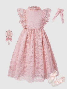 Elladie kids 夏季女童白色蕾絲提花布料生日洋裝，附毛球裝飾，優雅舒適，適合日常穿著、聚會與派對 - 粉色 - 查看 5