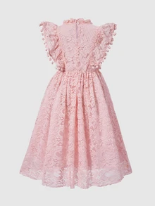 Elladie kids 夏季女童白色蕾絲提花布料生日洋裝，附毛球裝飾，優雅舒適，適合日常穿著、聚會與派對 - 粉色 - 查看 2