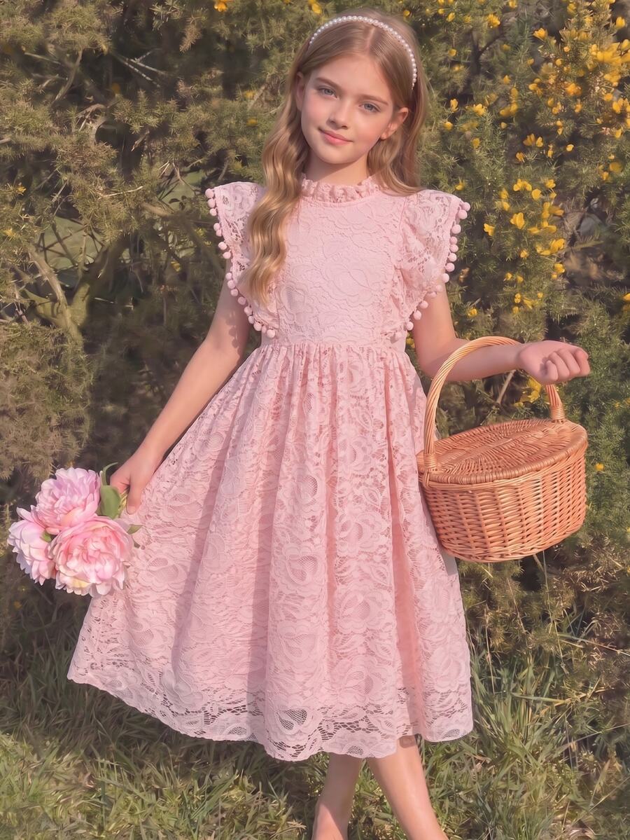 Elladie kids 夏季女童白色蕾絲提花布料生日洋裝,附毛球裝飾,優雅舒適,適合日常穿著、聚會與派對 - 粉色 - 查看 1