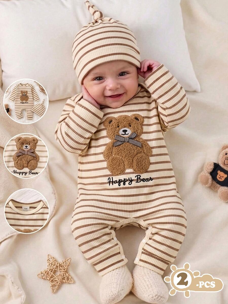 SHEIN 2Pcs Infant Spring Autumn Striped Romper Set Bear Embroidery Long Sleeve Jumpsuit With Matching Hat For Daily Baby Shower Photo Shoot