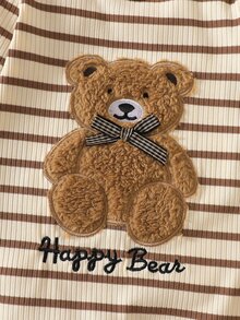SHEIN 2Pcs Infant Spring Autumn Striped Romper Set Bear Embroidery Long Sleeve Jumpsuit With Matching Hat For Daily Baby Shower Photo Shoot - Apricot - View 7