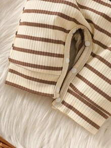 SHEIN 2Pcs Infant Spring Autumn Striped Romper Set Bear Embroidery Long Sleeve Jumpsuit With Matching Hat For Daily Baby Shower Photo Shoot - Apricot - View 4