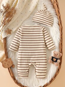 SHEIN 2Pcs Infant Spring Autumn Striped Romper Set Bear Embroidery Long Sleeve Jumpsuit With Matching Hat For Daily Baby Shower Photo Shoot - Apricot - View 3