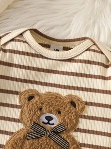 SHEIN 2Pcs Infant Spring Autumn Striped Romper Set Bear Embroidery Long Sleeve Jumpsuit With Matching Hat For Daily Baby Shower Photo Shoot - Apricot - View 5