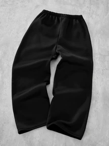 SHEIN 男童新款秋冬直筒保暖內裡運動長褲，黑色寬腿運動褲，秋季新品哥德風刺青泡泡印花，鬆身長褲，兒童彈性腰頭百搭休閒運動褲，適合小童、中童、青少年男孩日常街頭穿搭 - 黑色 - 查看 2