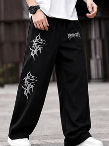 SHEIN 男童新款秋冬直筒保暖內裡運動長褲，黑色寬腿運動褲，秋季新品哥德風刺青泡泡印花，鬆身長褲，兒童彈性腰頭百搭休閒運動褲，適合小童、中童、青少年男孩日常街頭穿搭 - 黑色 - 查看 4