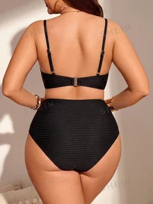 SHEIN Swim Curve 大尺碼女款 2 件組素色抓皺細肩帶比基尼套裝，時尚極簡度假泳裝 - 黑色 - 查看 2