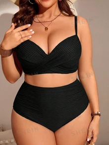 SHEIN Swim Curve 大尺碼女款 2 件組素色抓皺細肩帶比基尼套裝，時尚極簡度假泳裝 - 黑色 - 查看 4