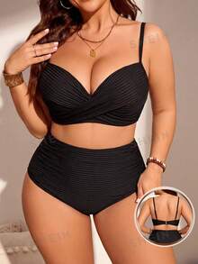 SHEIN Swim Curve 大尺碼女款 2 件組素色抓皺細肩帶比基尼套裝，時尚極簡度假泳裝 - 黑色 - 查看 3