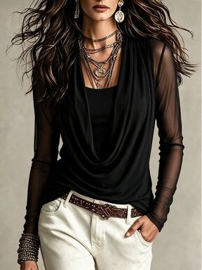 LUMIGAL Nuovo elegante sexy top da donna ampio a tinta unita 2 in 1 in rete trasparente con maniche lunghe, patchwork e scollo a cappuccio, nero, per Ognissanti, club e uscite autunnali