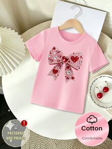 SHEIN 春夏女童休闲时尚创意个性清新简约亮粉色蝴蝶结印花休闲基础款短款T恤，舒适日常穿着，适合春、夏、秋季穿着。 - 粉色 - 查看 4