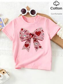 SHEIN 春夏女童休闲时尚创意个性清新简约亮粉色蝴蝶结印花休闲基础款短款T恤，舒适日常穿着，适合春、夏、秋季穿着。 - 粉色 - 查看 3