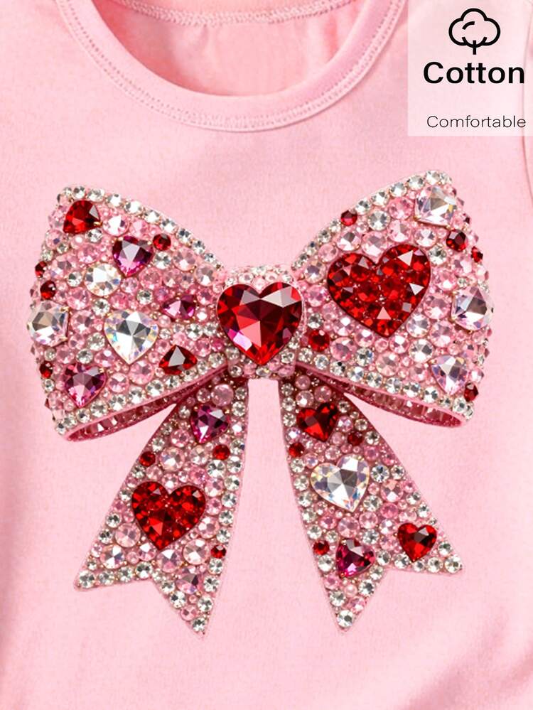 Souflis Souflis Girls' Fashionable Pink Summer Short T-Shirt For First Birthday,Minimalist Shiny Bowknot Pattern Print Basic Top,Comfortable Daily Casual Wear - Pink - View 6