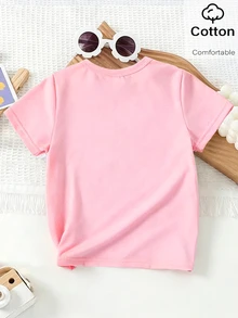 SHEIN 春夏女童休闲时尚创意个性清新简约亮粉色蝴蝶结印花休闲基础款短款T恤，舒适日常穿着，适合春、夏、秋季穿着。 - 粉色 - 查看 2