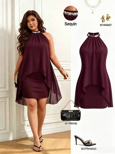 Femmeverse Women's Plus Size Summer New Pleated Halter Neck Sequin Patchwork Sleeveless High Waist Bodycon Dress