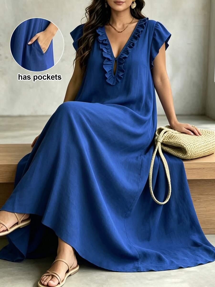 SHEIN LUNE CURVE Women's Plus Size Deep V-Neck Flutter Sleeve Loose Casual Everyday Shopping Dress - Navy Blue - View 1