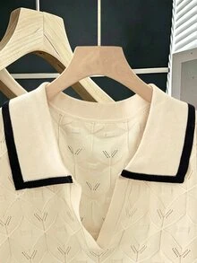 Grovea 女款翻領長袖白色休閒優雅針織衫，適合日常通勤、辦公室正式場合，秋季穿著 - 彩色 - 查看 4