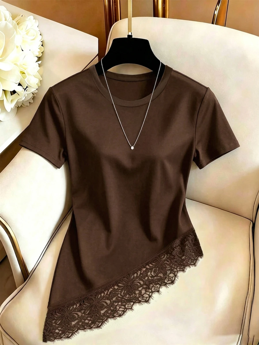 GlowEve Women's Round Neck Solid Color Casual Versatile Everyday Short Sleeve T-Shirt - Brown - View 1