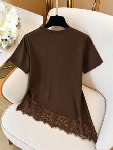 GlowEve Women's Round Neck Solid Color Casual Versatile Everyday Short Sleeve T-Shirt - Brown - View 2