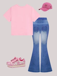 2pcs/Set Tween Girls Pink Summer Casual Back-To-School Outfit,Cartoon Rabbit Heart Graphic T-Shirt And Flare Pants,School Clothes For 8Y-12Y Girls - Multicolor - View 3