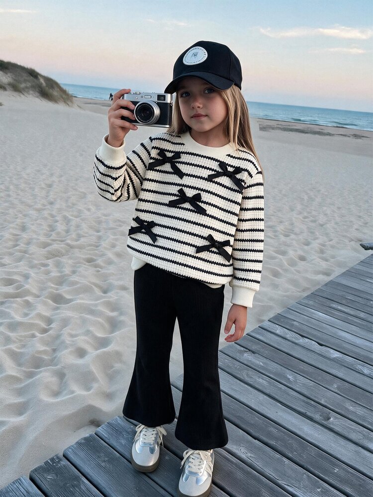 SHEIN Girls 2pcs Set Cheetah Print 3D Bow Cute Sweatshirt With Cheetah Print Pants,New Fall Styles,Suitable For Indoor & Outdoor Wear In Autumn/Winter - Black - View 4