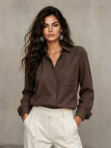 Balvessa Women's Striped Casual Versatile Daily Wear Shirt - Brown - View 10