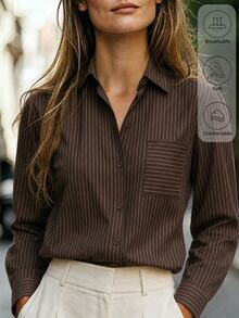 Balvessa Women's Striped Casual Versatile Daily Wear Shirt - Brown - View 4