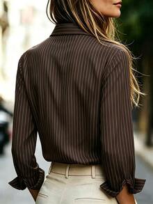 Balvessa Women's Striped Casual Versatile Daily Wear Shirt - Brown - View 3