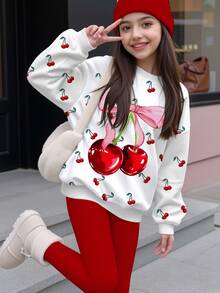 Tween Girls Casual Minimalist Cute Bow & Cherry Print, American Vintage Red, Crew Neck Sweatshirt & Elastic Waist Long Pants Set, Suitable For Autumn/Winter Chill, Kawaii, Cozy Fall & Winter Styles, Fall New Style - Multicolor - View 3