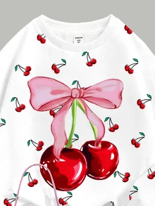 Tween Girls Casual Minimalist Cute Bow & Cherry Print, American Vintage Red, Crew Neck Sweatshirt & Elastic Waist Long Pants Set, Suitable For Autumn/Winter Chill, Kawaii, Cozy Fall & Winter Styles, Fall New Style - Multicolor - View 6