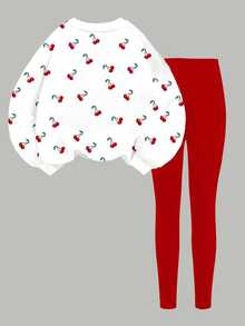 Tween Girls Casual Minimalist Cute Bow & Cherry Print, American Vintage Red, Crew Neck Sweatshirt & Elastic Waist Long Pants Set, Suitable For Autumn/Winter Chill, Kawaii, Cozy Fall & Winter Styles, Fall New Style - Multicolor - View 5