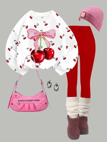 Tween Girls Casual Minimalist Cute Bow & Cherry Print, American Vintage Red, Crew Neck Sweatshirt & Elastic Waist Long Pants Set, Suitable For Autumn/Winter Chill, Kawaii, Cozy Fall & Winter Styles, Fall New Style - Multicolor - View 4