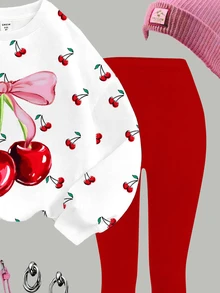 Tween Girls Casual Minimalist Cute Bow & Cherry Print, American Vintage Red, Crew Neck Sweatshirt & Elastic Waist Long Pants Set, Suitable For Autumn/Winter Chill, Kawaii, Cozy Fall & Winter Styles, Fall New Style - Multicolor - View 7