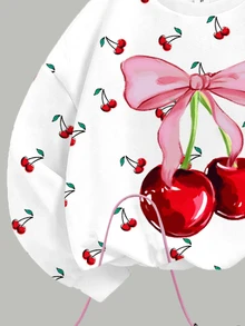 Tween Girls Casual Minimalist Cute Bow & Cherry Print, American Vintage Red, Crew Neck Sweatshirt & Elastic Waist Long Pants Set, Suitable For Autumn/Winter Chill, Kawaii, Cozy Fall & Winter Styles, Fall New Style - Multicolor - View 8