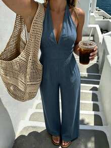 EMERY ROSE Women's Denim Effect Backless Halter Neck Jumpsuit - Blue - View 6